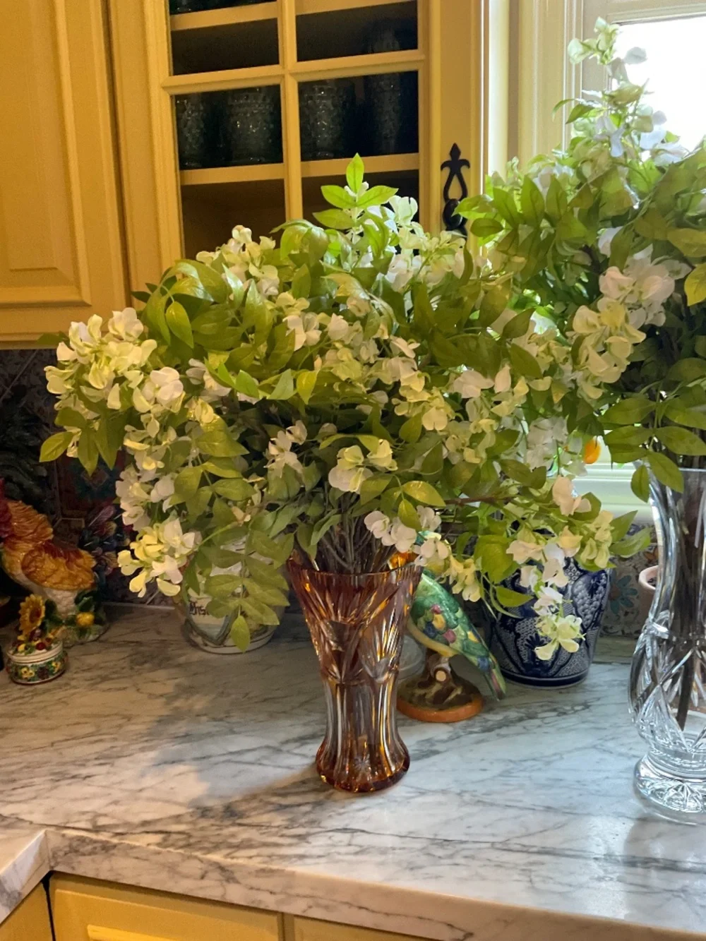 Pair of faux white large scale floral bouquets, flowers only